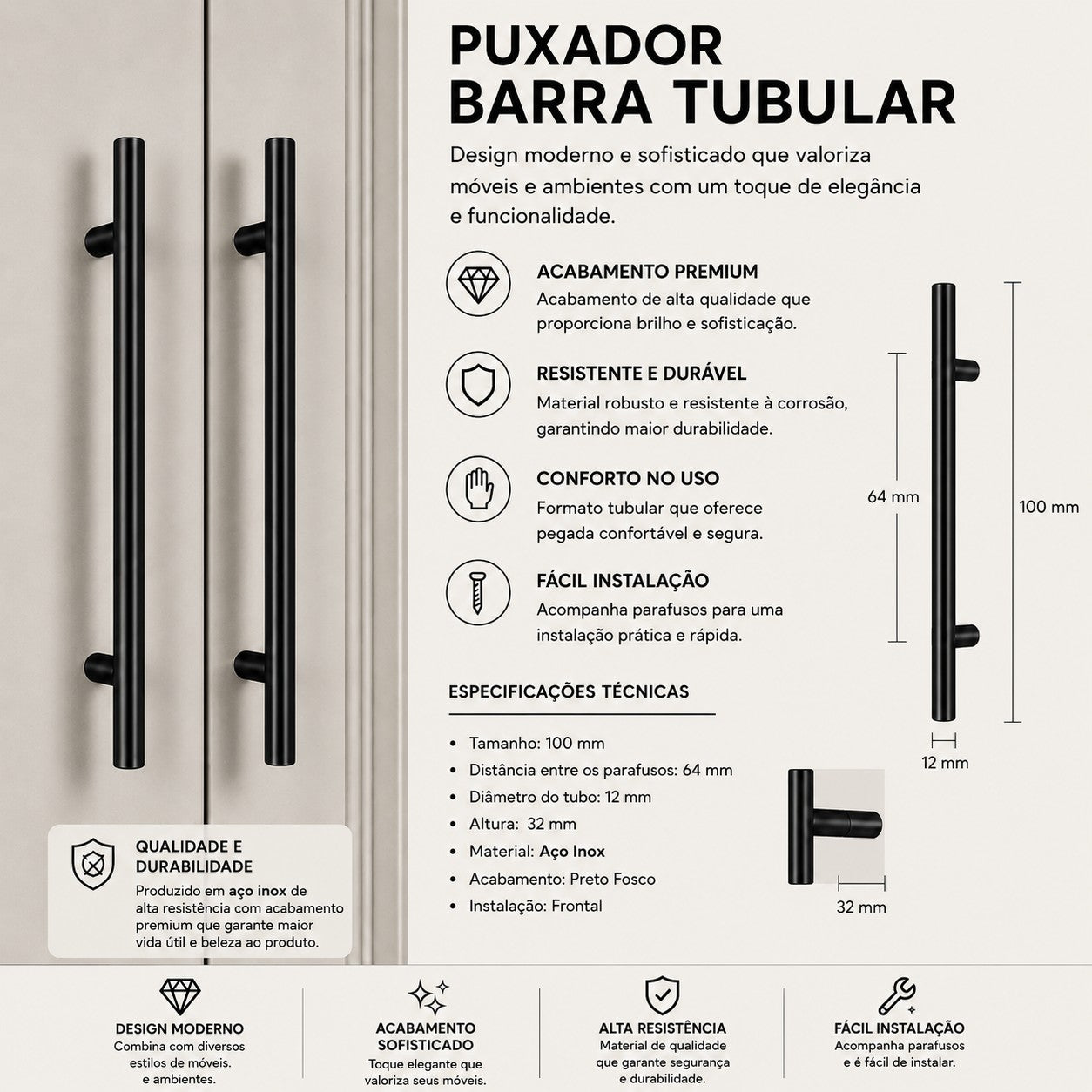 Puxador Armário Tubular Preto Fosco 64mmAço Inox Premium Kit