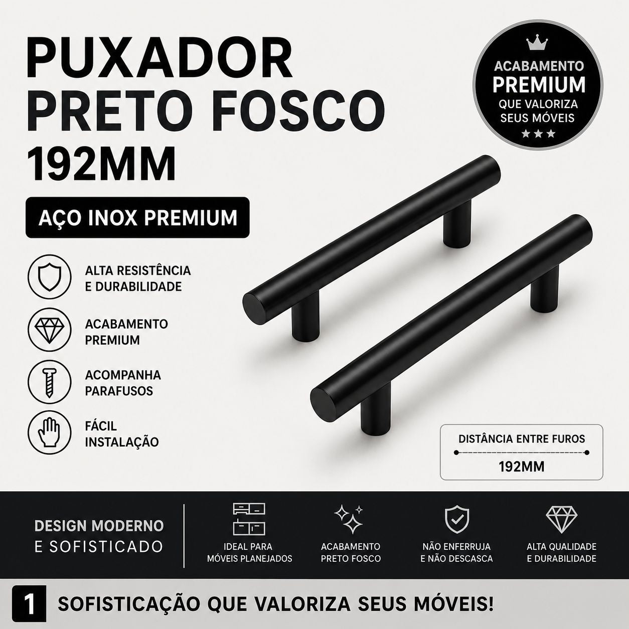 Puxador Armário Tubular Preto Fosco 192mmAço InoxPremium Kit
