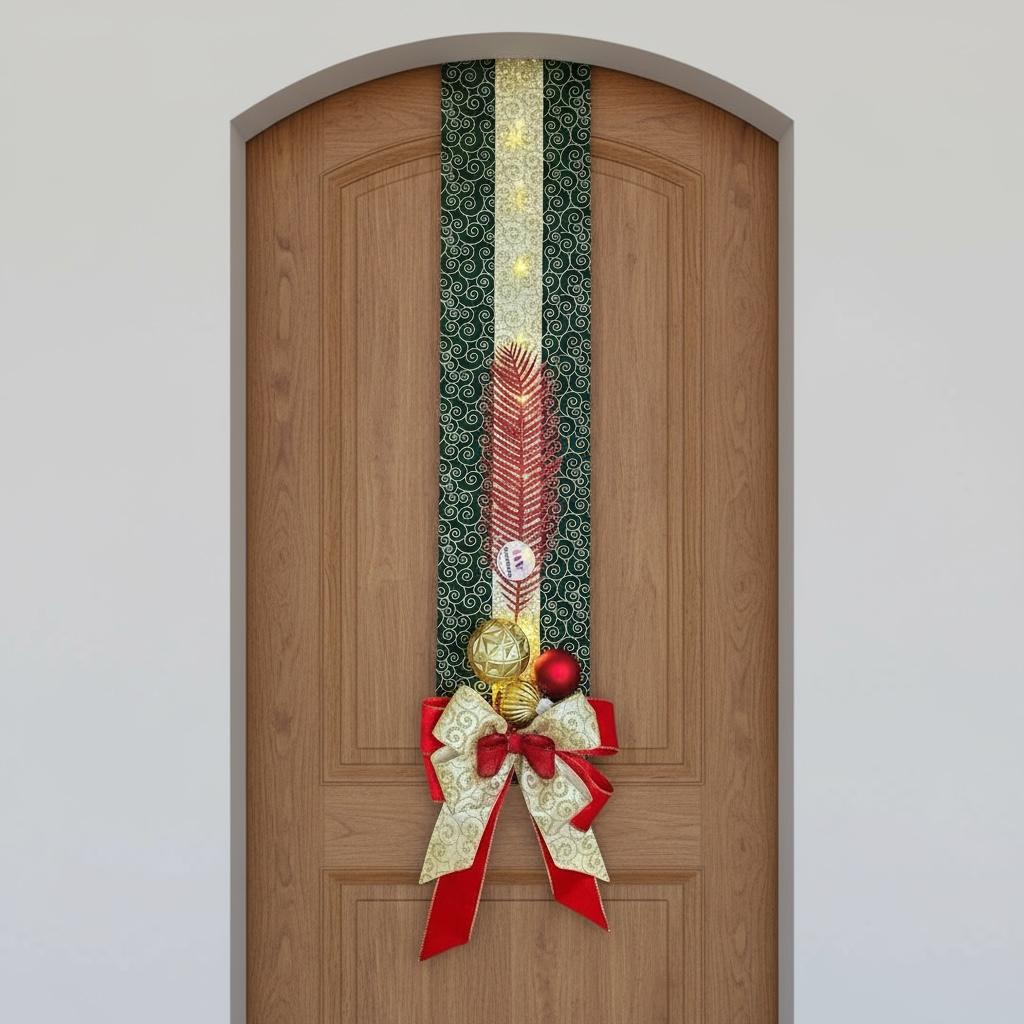 Escapulário Natalino Verde Elegante Tecido Luxo Laços e Bolas Vermelhos e Dourados com Cordão de Luz  LED - RIKABUNI