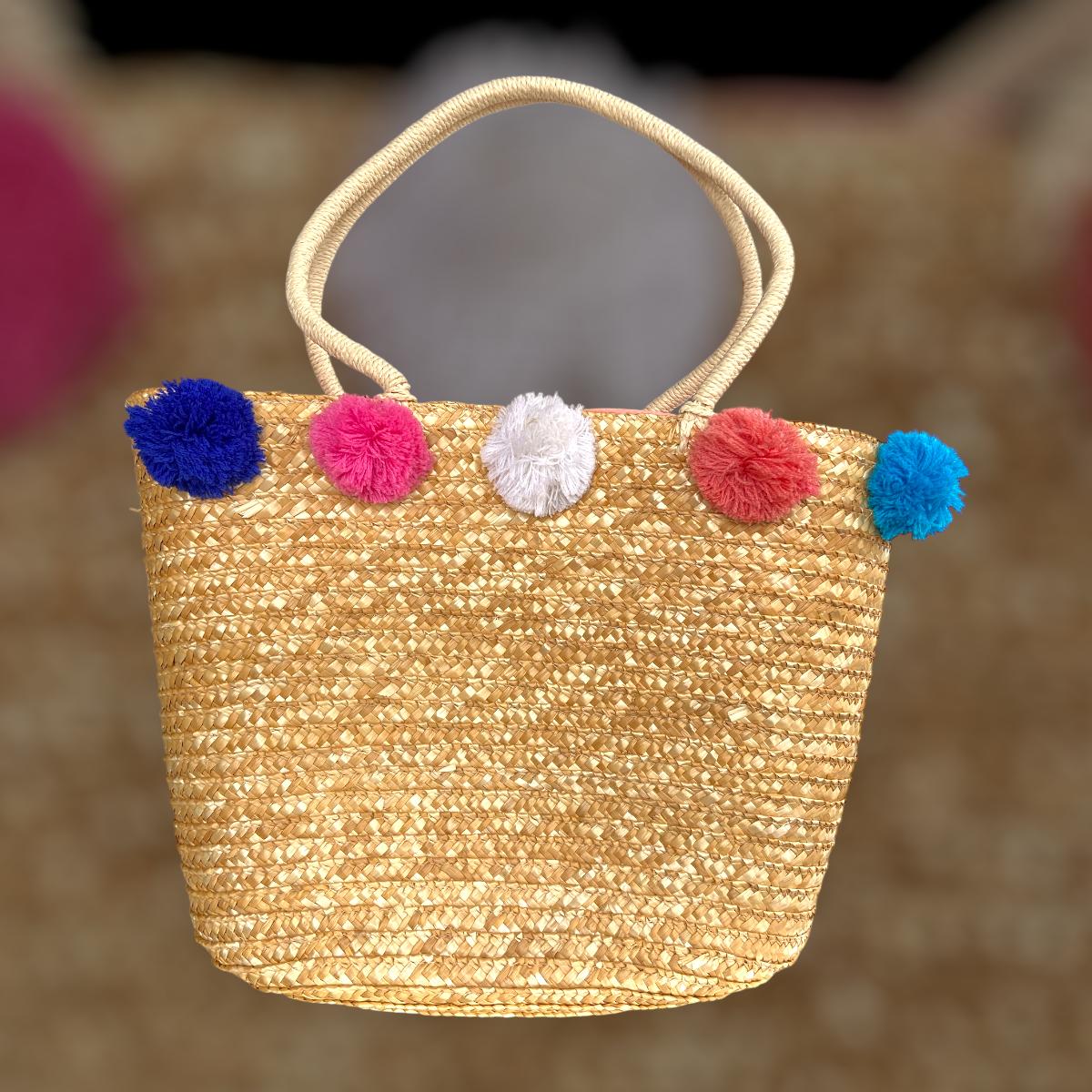 Bolsa de Praia Grande de Palha com Alça de Ombro  Colorida