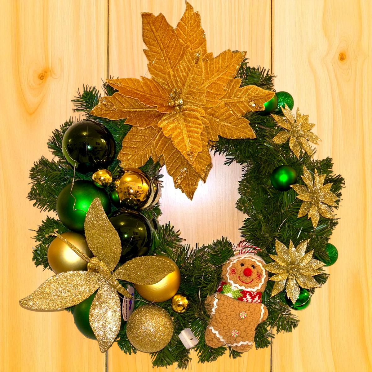 Guirlanda Natalina de Luxo, Verde e Dourado, Poinsétia e Libélula c/ Glitter, Bolas e LED fio de fada, 45cm - RIKABUNI