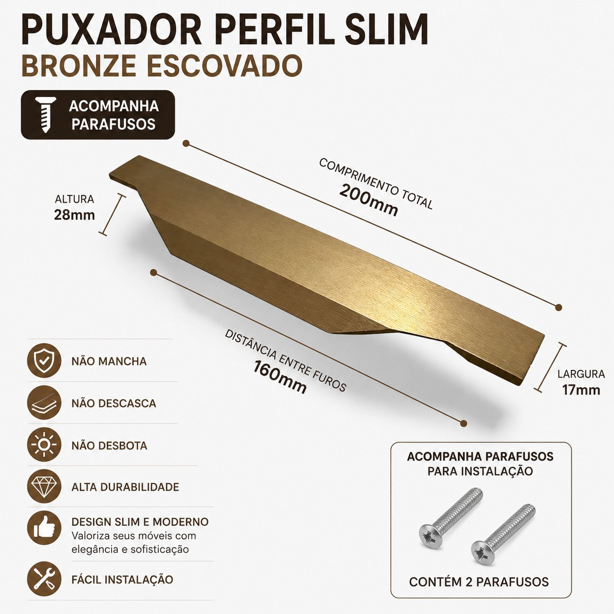 Puxador De Móveis Perfil Slim Bronze Fosco 160mm Kit 5 ou 10