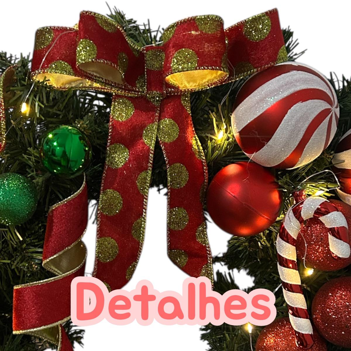 Guirlanda Natal Luxo com Luzes LED, Decorada com Bolas Vermelhas e Verdes, Laços e Bastões de Doce - 45 cm - RIKABUNI