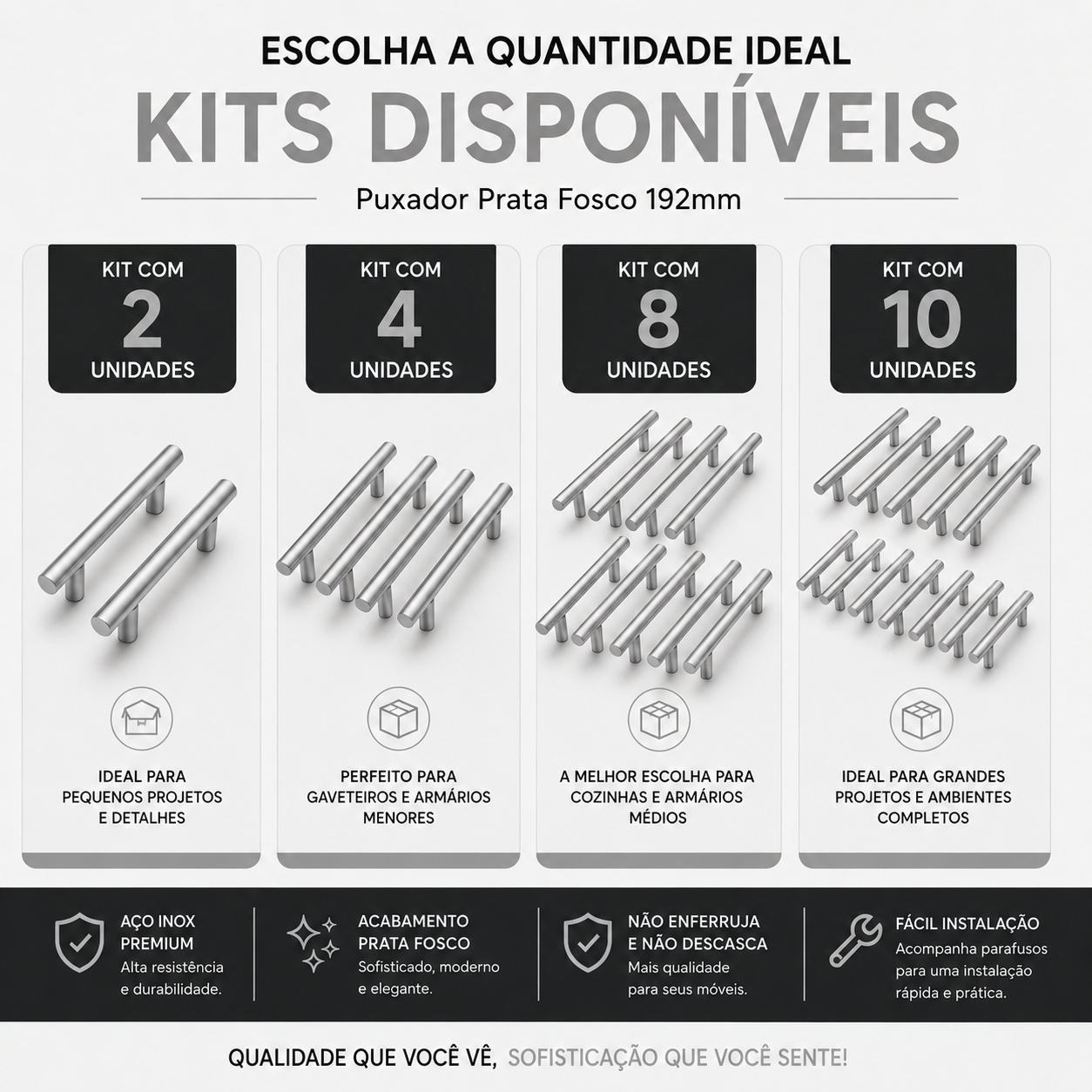 Puxador Armário Tubular Prata Fosco 192mmAço InoxPremium Kit