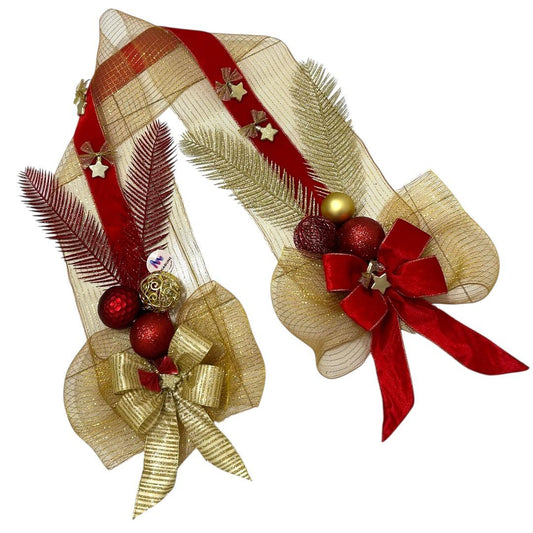 Escapulário Natalino Decorativo para Porta, Dourado e Vermelho com Fitas e Enfeites, Estilo Elegante - RIKABUNI