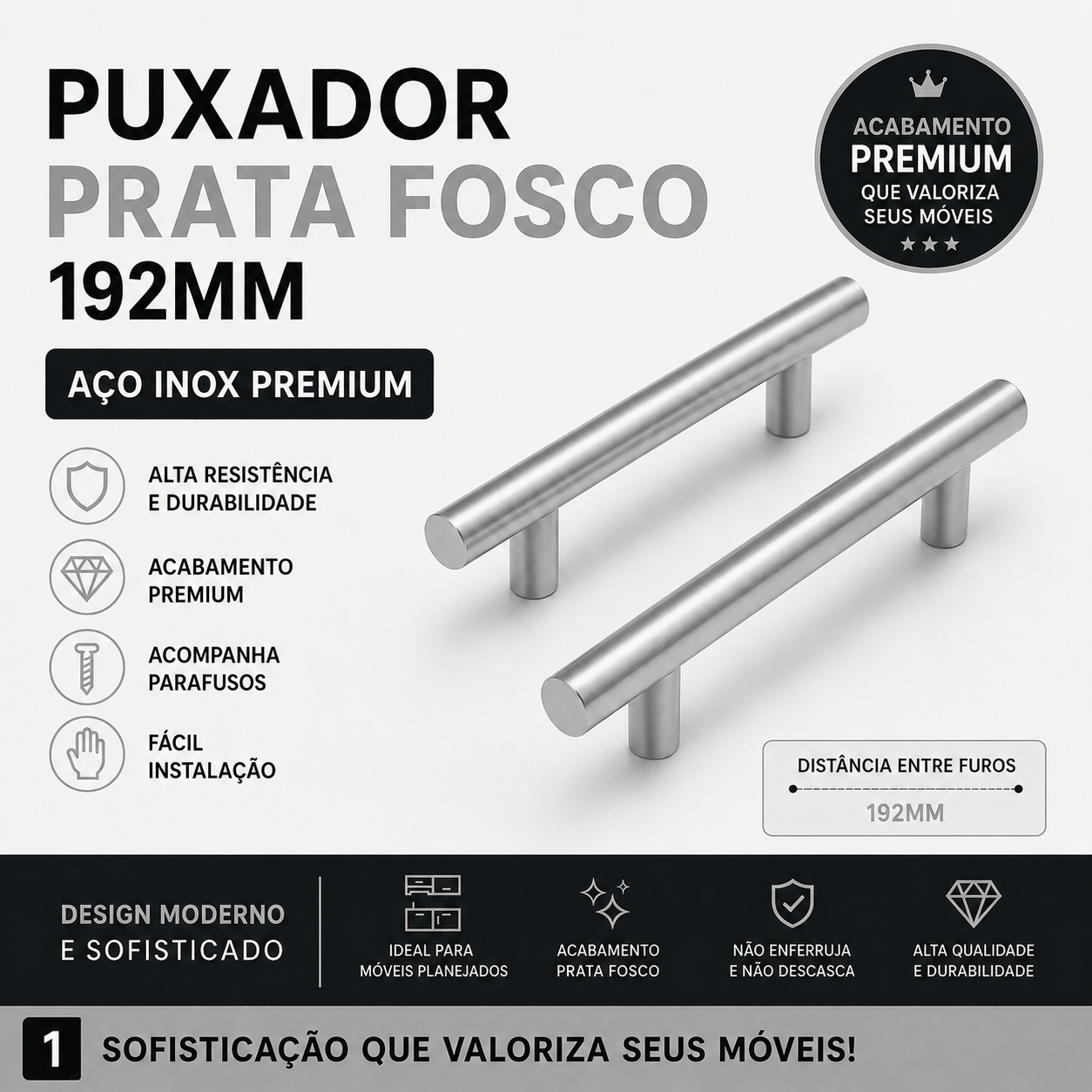 Puxador Armário Tubular Prata Fosco 192mmAço InoxPremium Kit