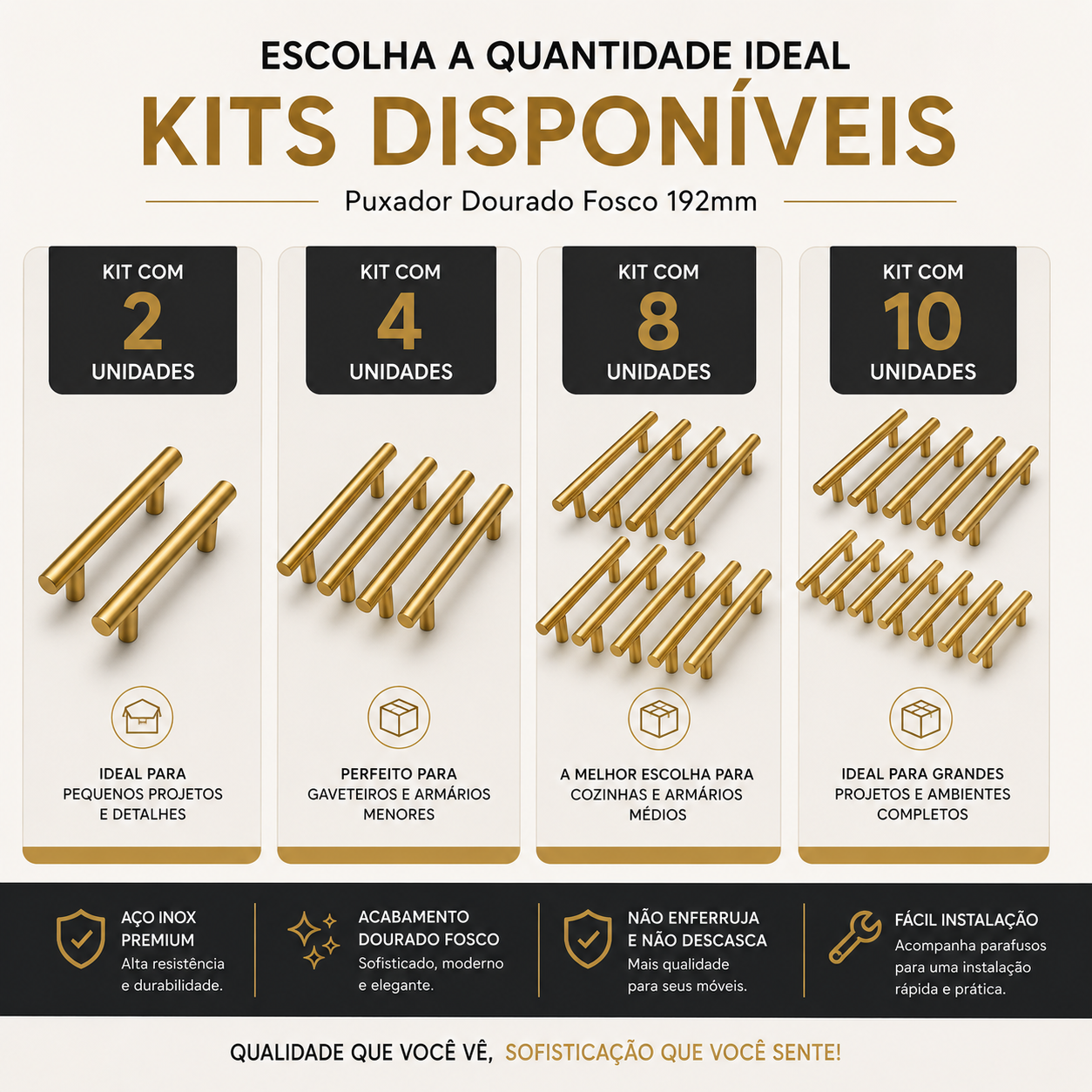 Kit Puxador Tubo Dourado  192mm Armário Gaveta Cozinha Luxo