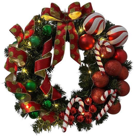 Guirlanda Natal Luxo com Luzes LED, Decorada com Bolas Vermelhas e Verdes, Laços e Bastões de Doce - 45 cm - RIKABUNI