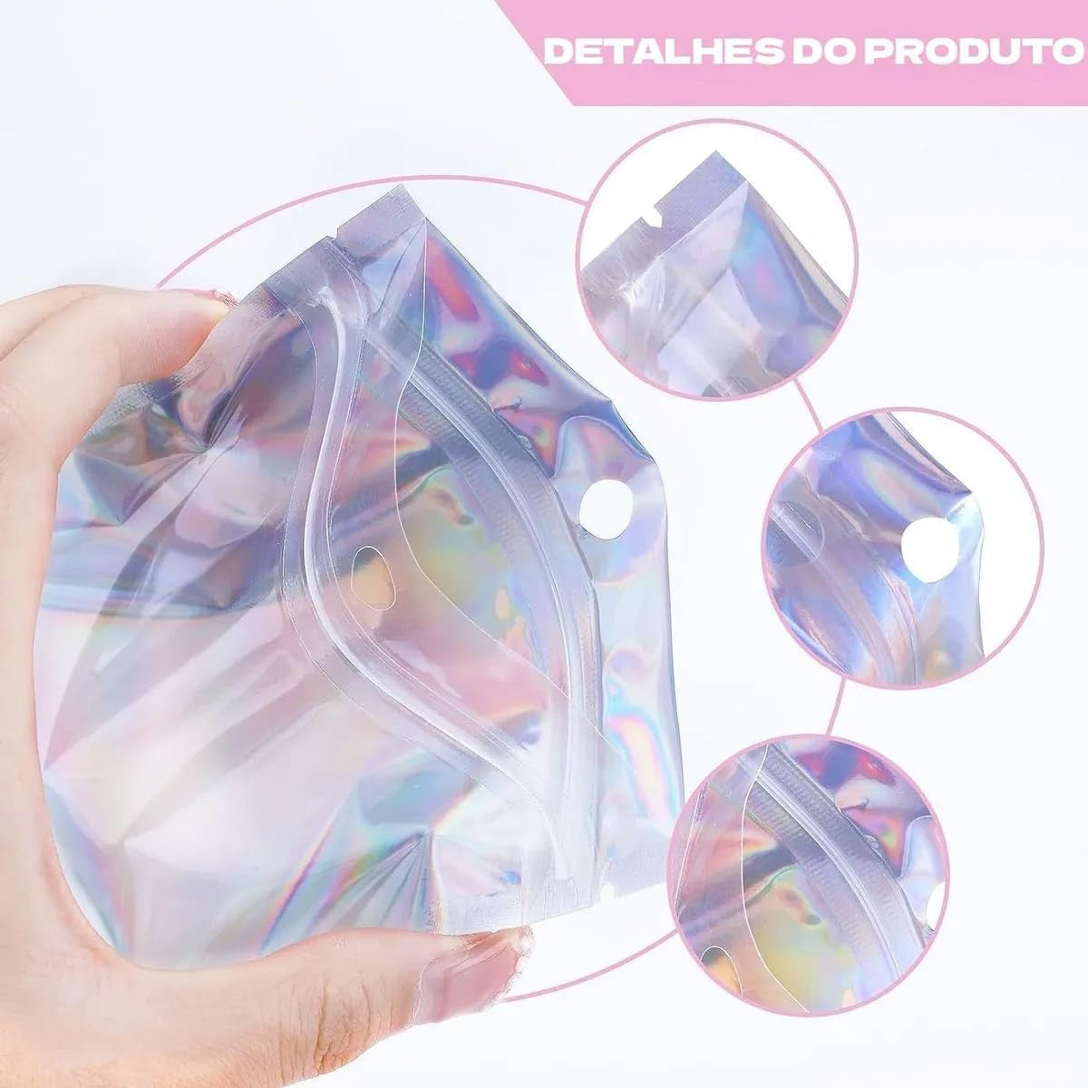 100 Sacos Holográficos Zip Lock Metalizado Transparente Luxo