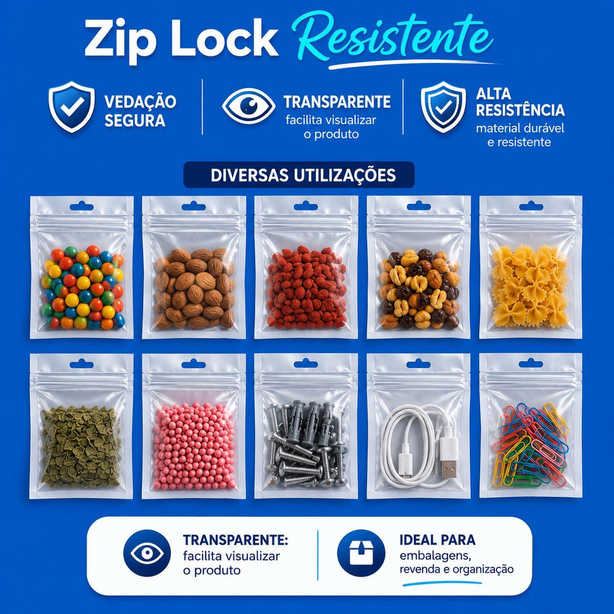 Kit Saco Embalagem Pouch Furo Expositor Com Zip  -  100 Unid