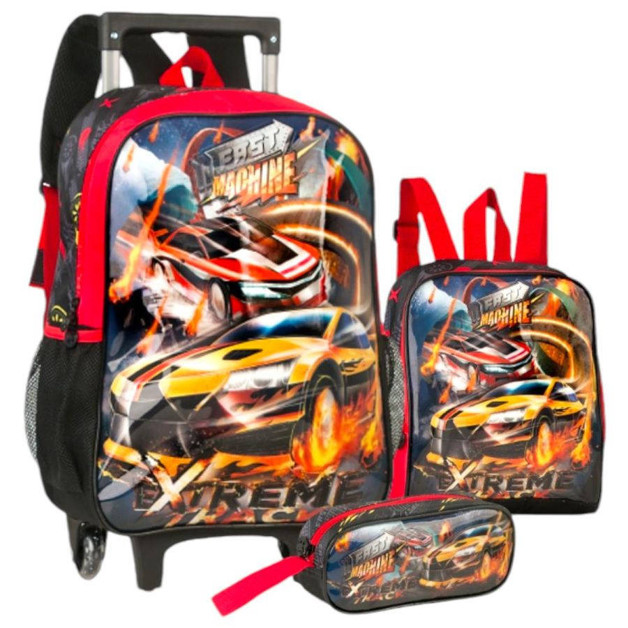Kit de Mochila Infantil com Rodinhas Fast Machine, Tema Carros, Inclui Estojo, Lancheira e Guarda-Chuva