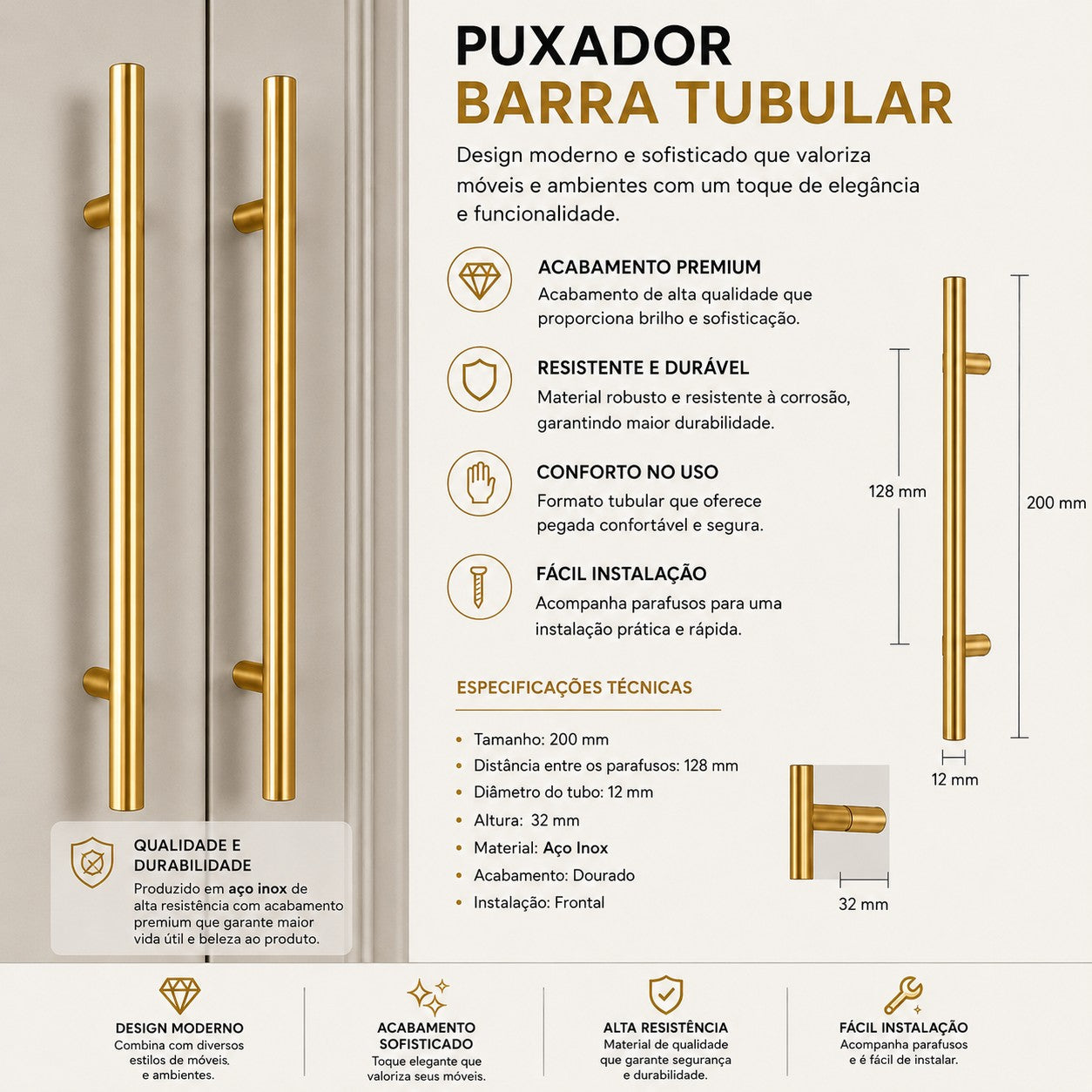 Kit Puxador Tubo Dourado 128mm Armário Gaveta Cozinha Luxo