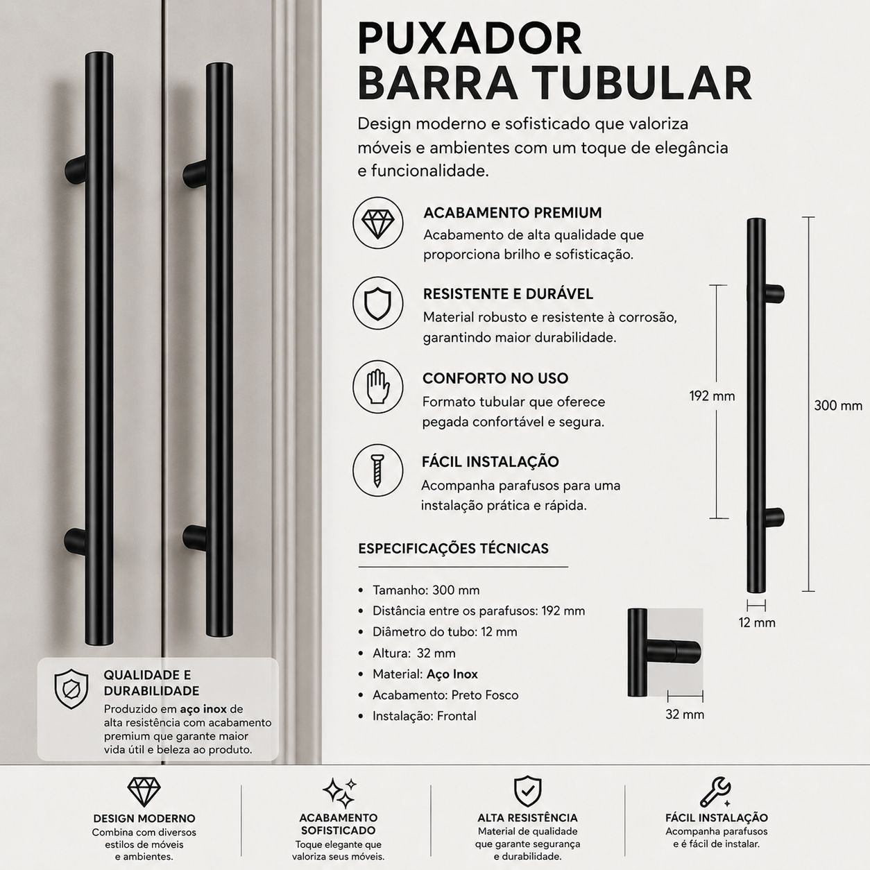 Puxador Armário Tubular Preto Fosco 192mmAço InoxPremium Kit