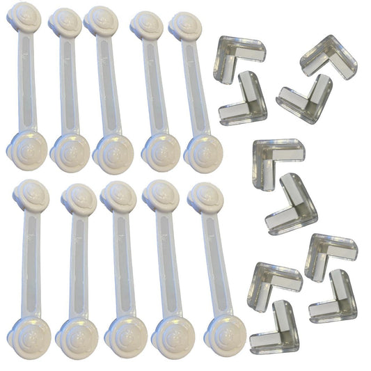 Kit de Segurança para Bebê com 10 Protetores de Quina de Silicone para Móveis e 10 Travas de Porta, Transparente e Branc