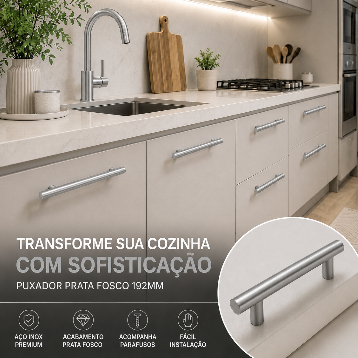 Puxador Armário Tubular Prata Fosco 192mmAço InoxPremium Kit