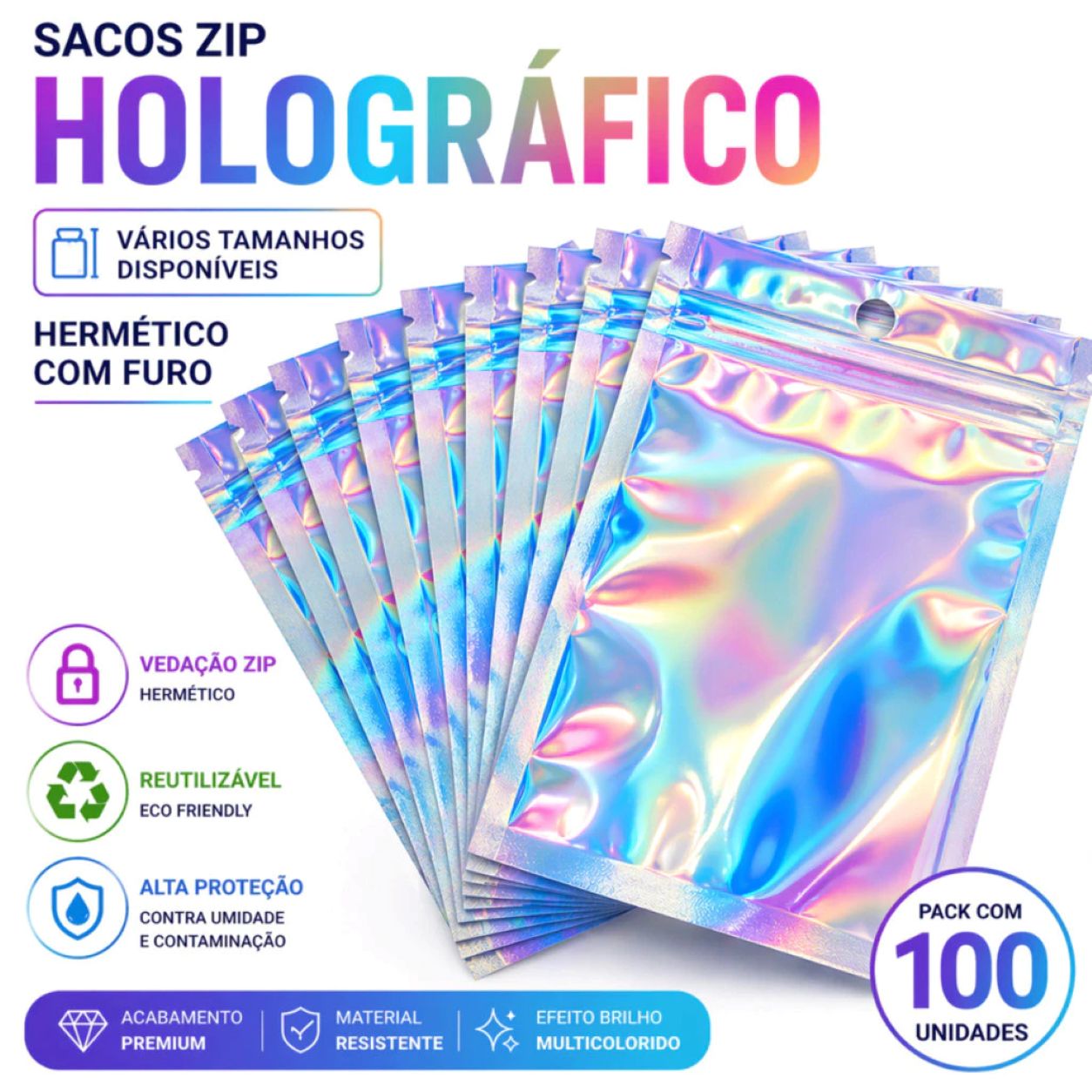 100 Sacos Holográficos Zip Lock Metalizado Transparente Luxo