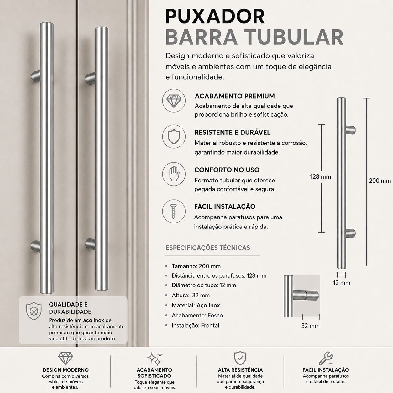 Puxador Armário Tubular Prata Fosco 128mmAço InoxPremium Kit