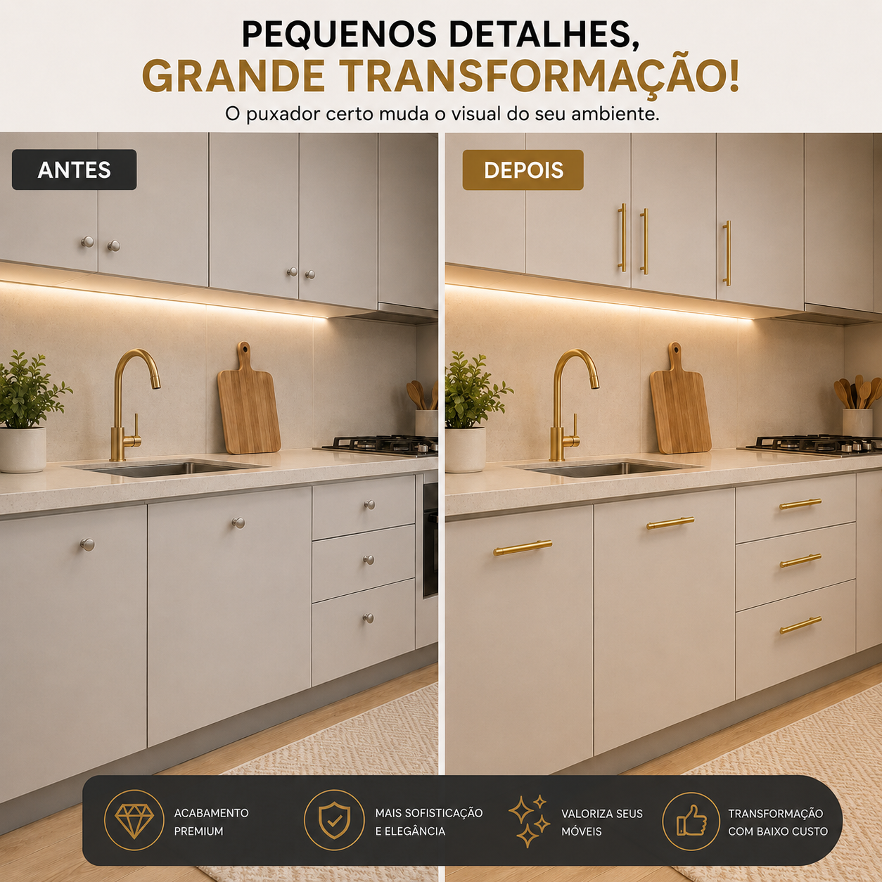 Kit Puxador Tubo Dourado 64mm Armário Gaveta Cozinha Luxo