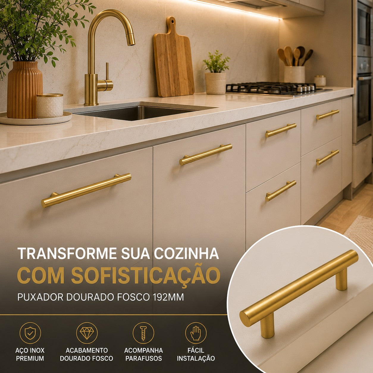 Kit Puxador Tubo Dourado  192mm Armário Gaveta Cozinha Luxo