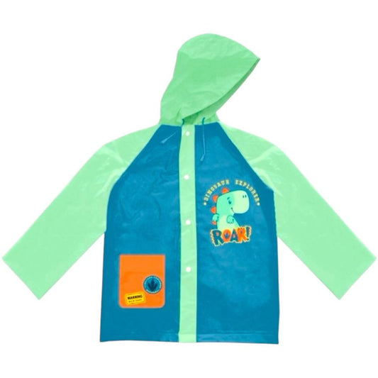 Capa de Chuva Infantil Dinossauro, Azul e Verde, com Capuz e Bolso