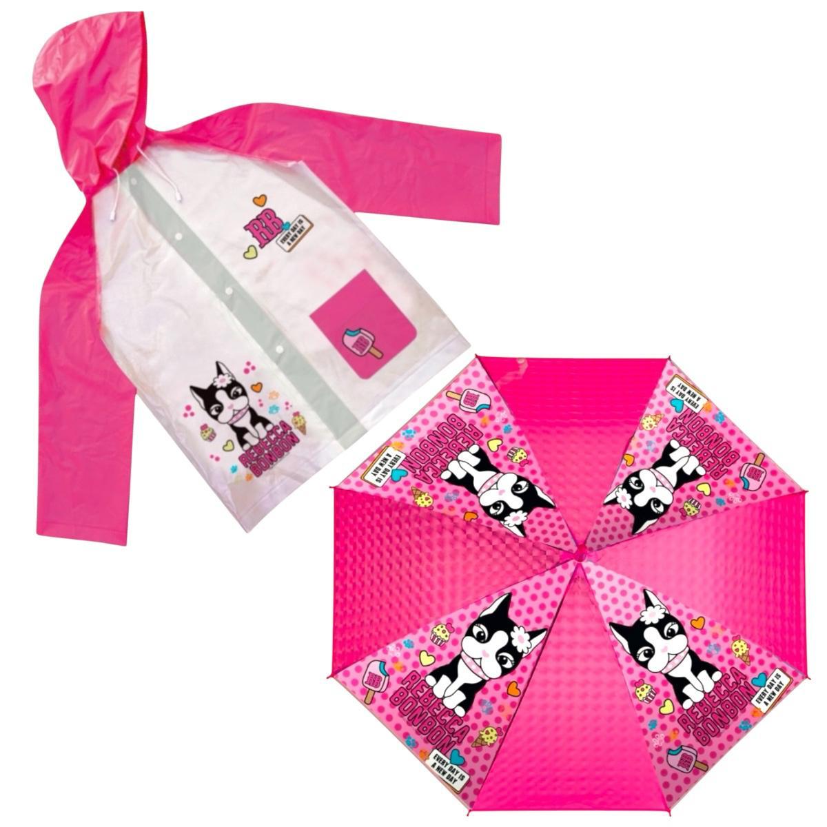 Kit Infantil de Guarda-Chuva e Capa de Chuva Rebecca Bonbon Rosa