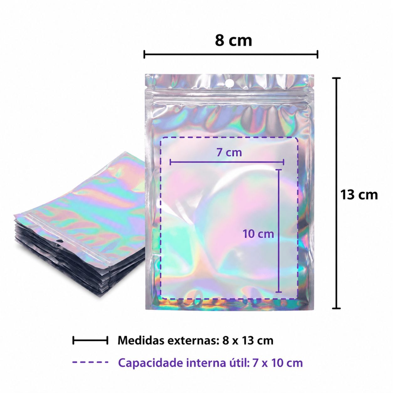 100 Sacos Holográficos Zip Lock Metalizado Transparente Luxo