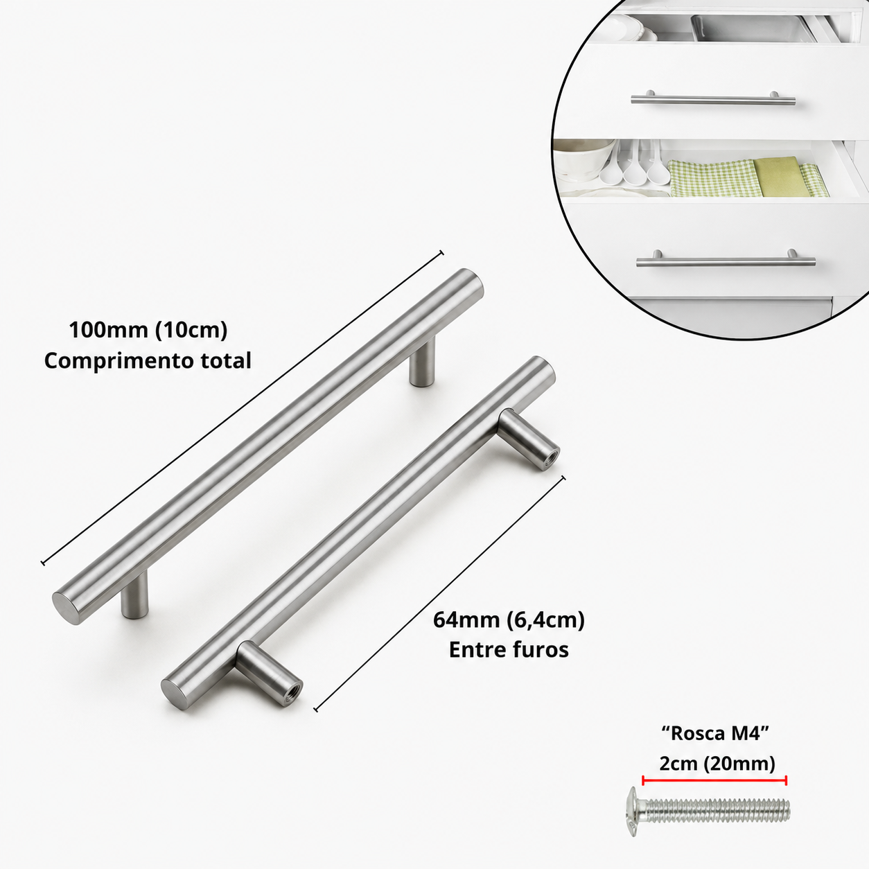 Puxador Armário Tubular Prata Fosco 64mmAço Inox Premium Kit