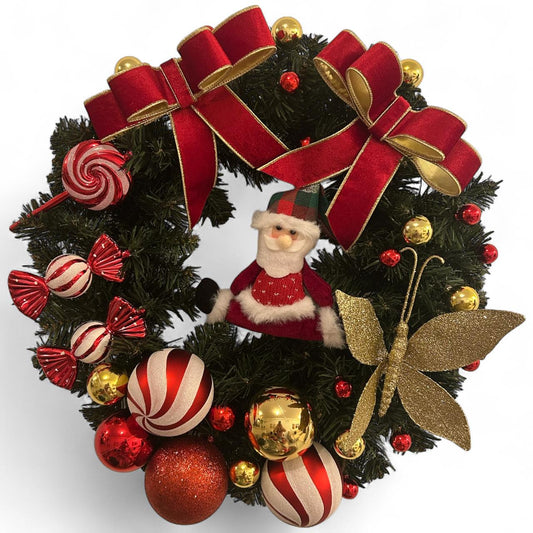 Guirlanda Natalina Decorativa, 45 cm, Verde com Laço Vermelho e Dourado, Bolas e Enfeites Festivos