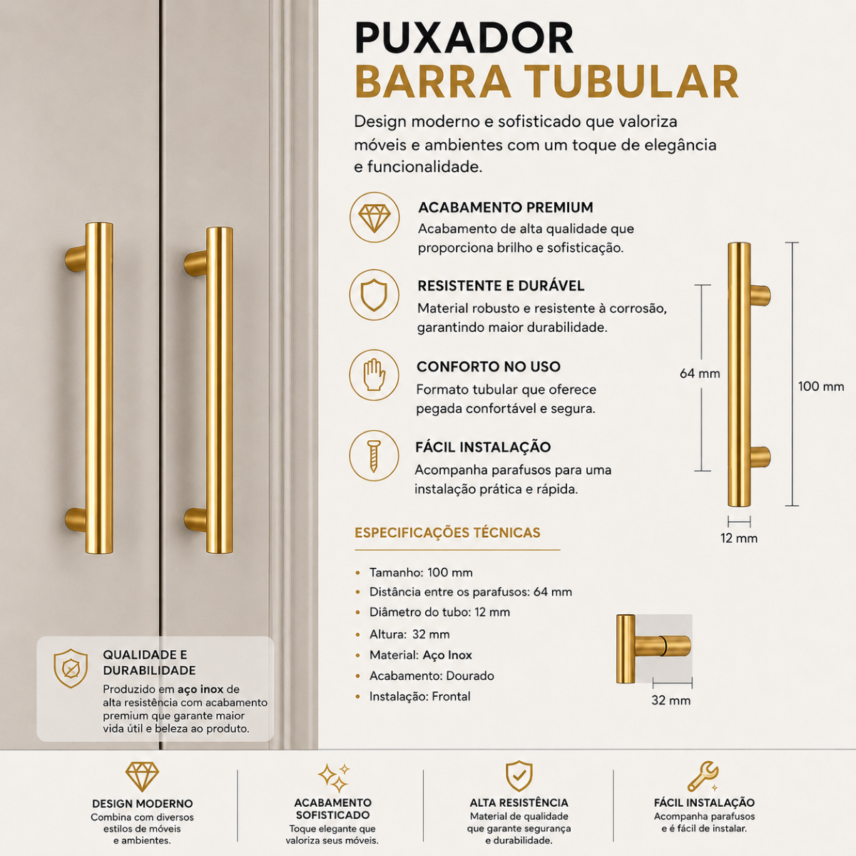 Kit Puxador Tubo Dourado 64mm Armário Gaveta Cozinha Luxo