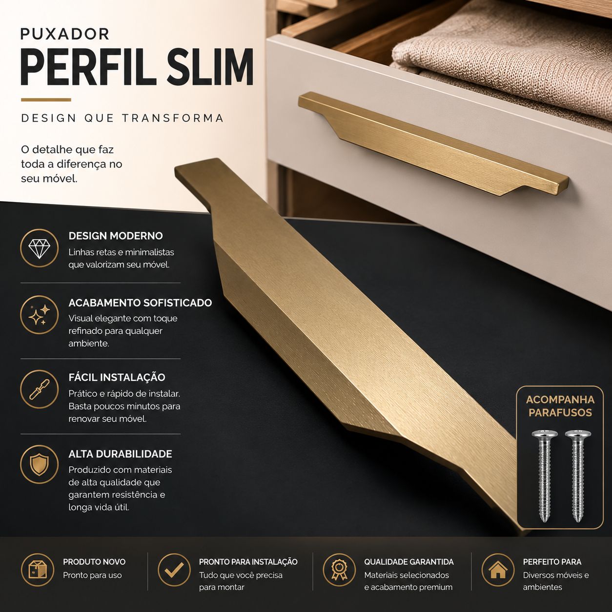 Puxador De Móveis Perfil Slim Bronze Fosco 160mm Kit 5 ou 10