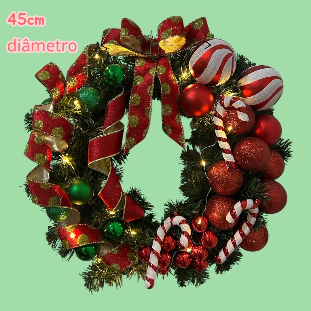 Guirlanda Natal Luxo com Luzes LED, Decorada com Bolas Vermelhas e Verdes, Laços e Bastões de Doce - 45 cm - RIKABUNI