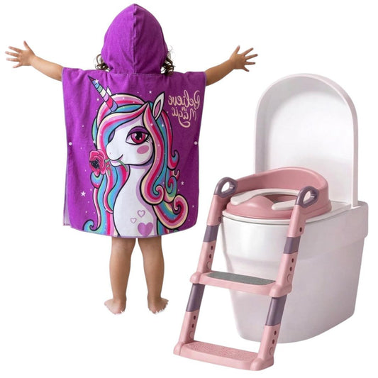Kit Assento Redutor Infantil + Toalha Capuz Rosa Macio