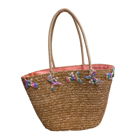 Bolsa de Praia Grande de Palha Natural com Alça de Ombro.