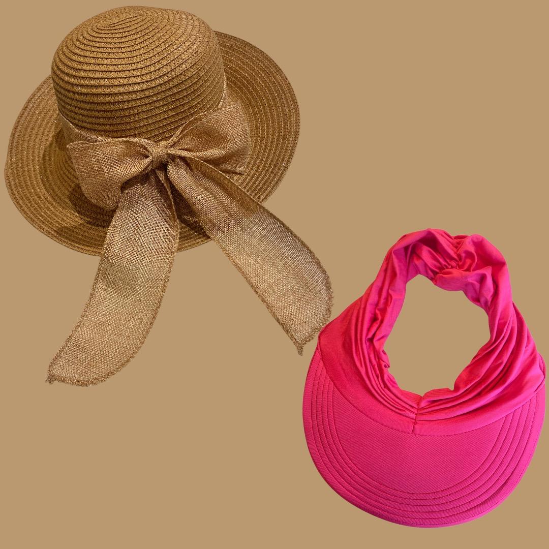 Chapéu de Palha Sintética Feminino Dobrável com Laço Decorativo + Viseira Turbante Feminina com FPS50 Rosa - RIKABUNI