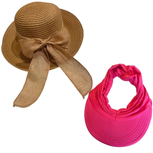 Chapéu de Palha Sintética Feminino Dobrável com Laço Decorativo + Viseira Turbante Feminina com FPS50 Rosa - RIKABUNI