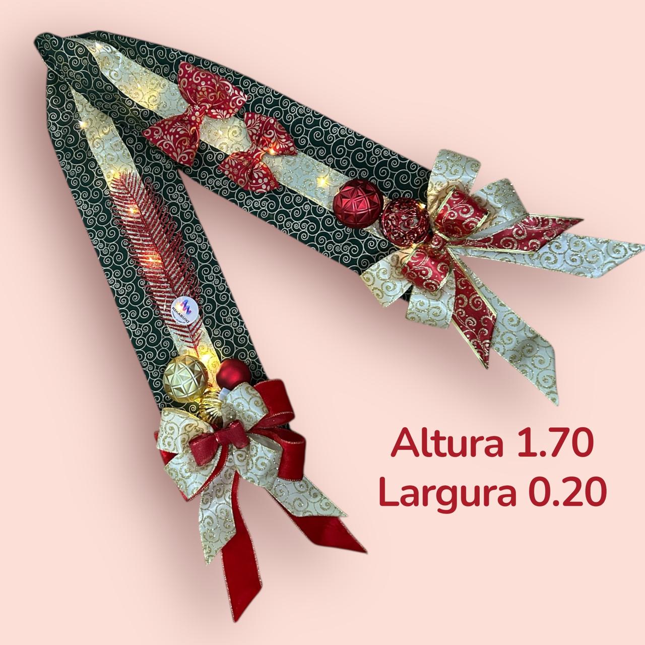 Escapulário Natalino Verde Elegante Tecido Luxo Laços e Bolas Vermelhos e Dourados com Cordão de Luz  LED - RIKABUNI