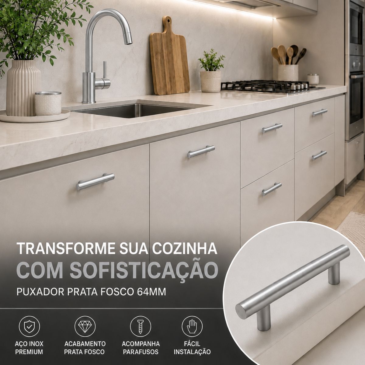 Puxador Armário Tubular Prata Fosco 64mmAço Inox Premium Kit