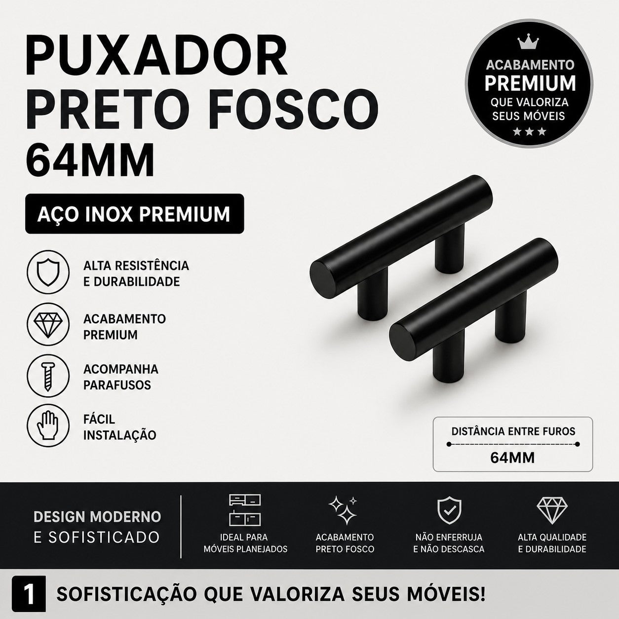 Puxador Armário Tubular Preto Fosco 64mmAço Inox Premium Kit
