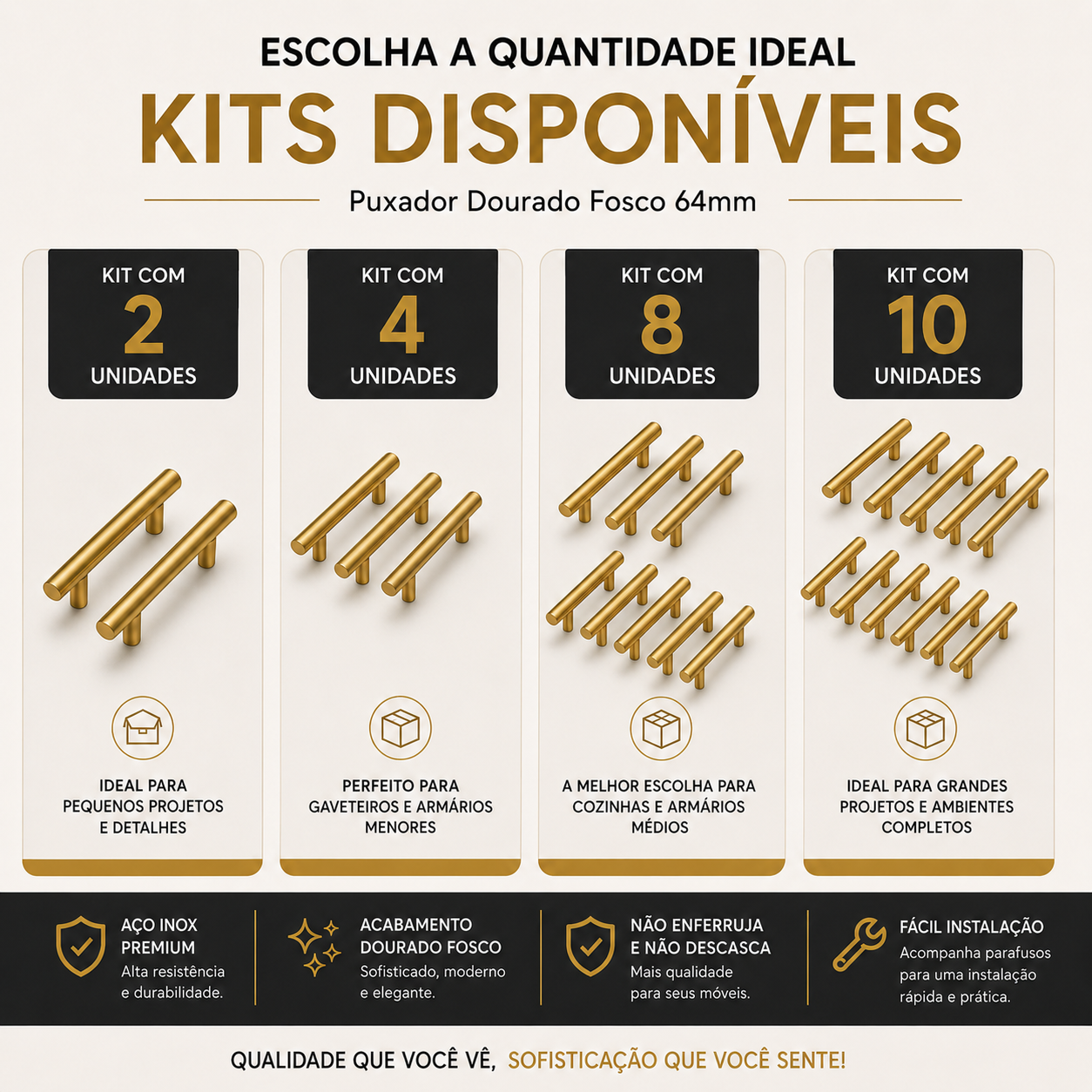 Kit Puxador Tubo Dourado 64mm Armário Gaveta Cozinha Luxo