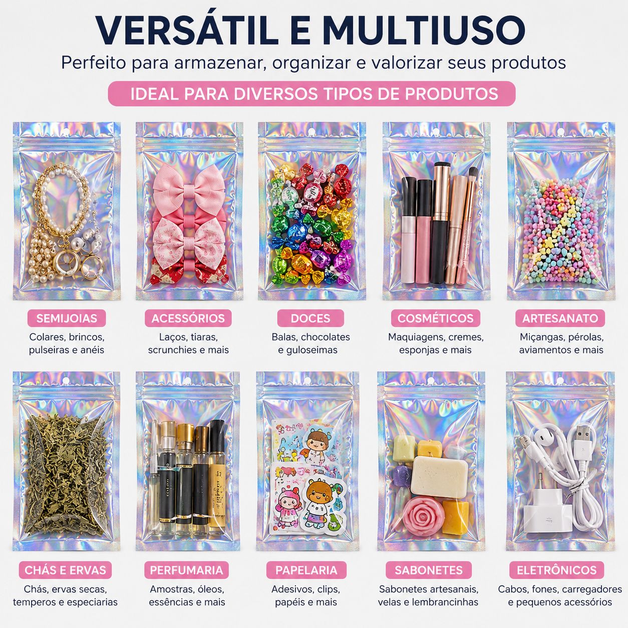 Saco Holográfico Zip Lock 8x13 cm Kit 25 ou 50 Unidades