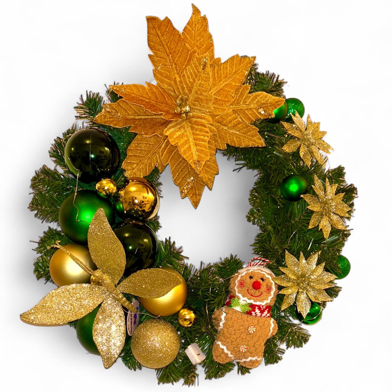 Guirlanda Natalina de Luxo, Verde e Dourado, Poinsétia e Libélula c/ Glitter, Bolas e LED fio de fada, 45cm - RIKABUNI