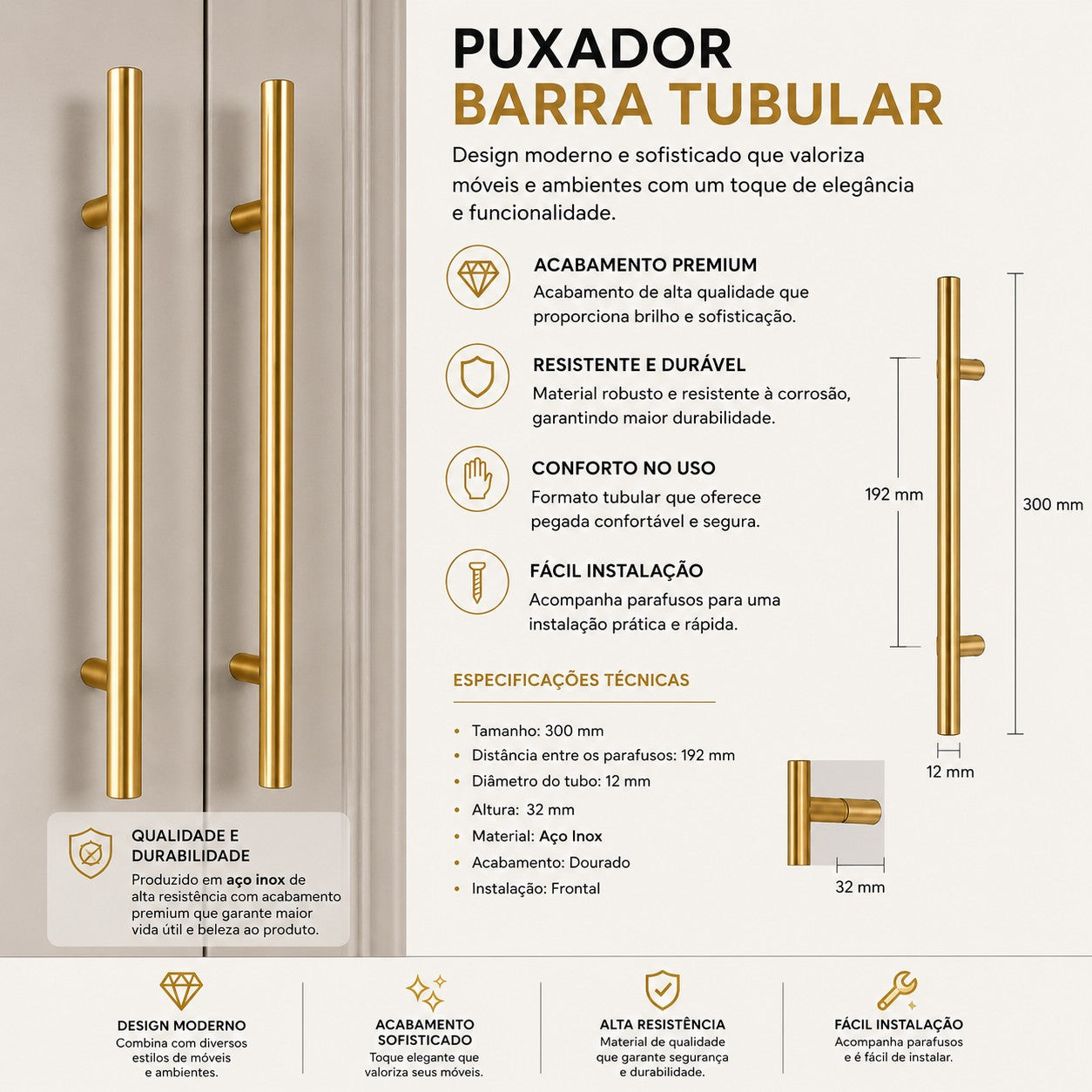 Kit Puxador Tubo Dourado  192mm Armário Gaveta Cozinha Luxo