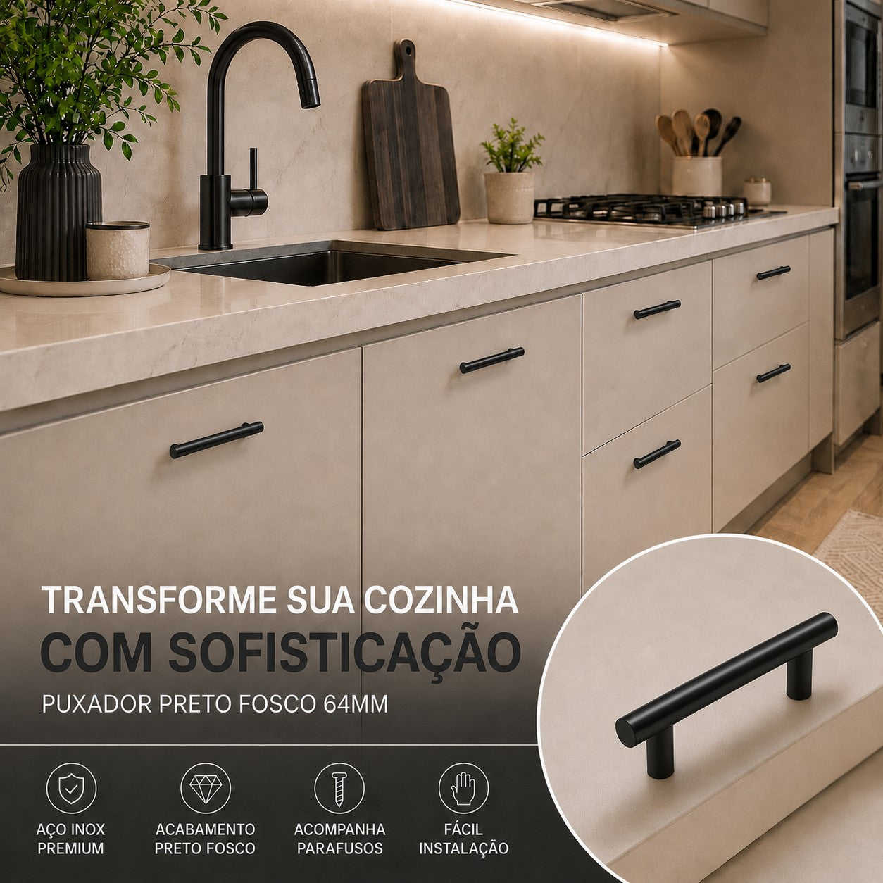 Puxador Armário Tubular Preto Fosco 64mmAço Inox Premium Kit