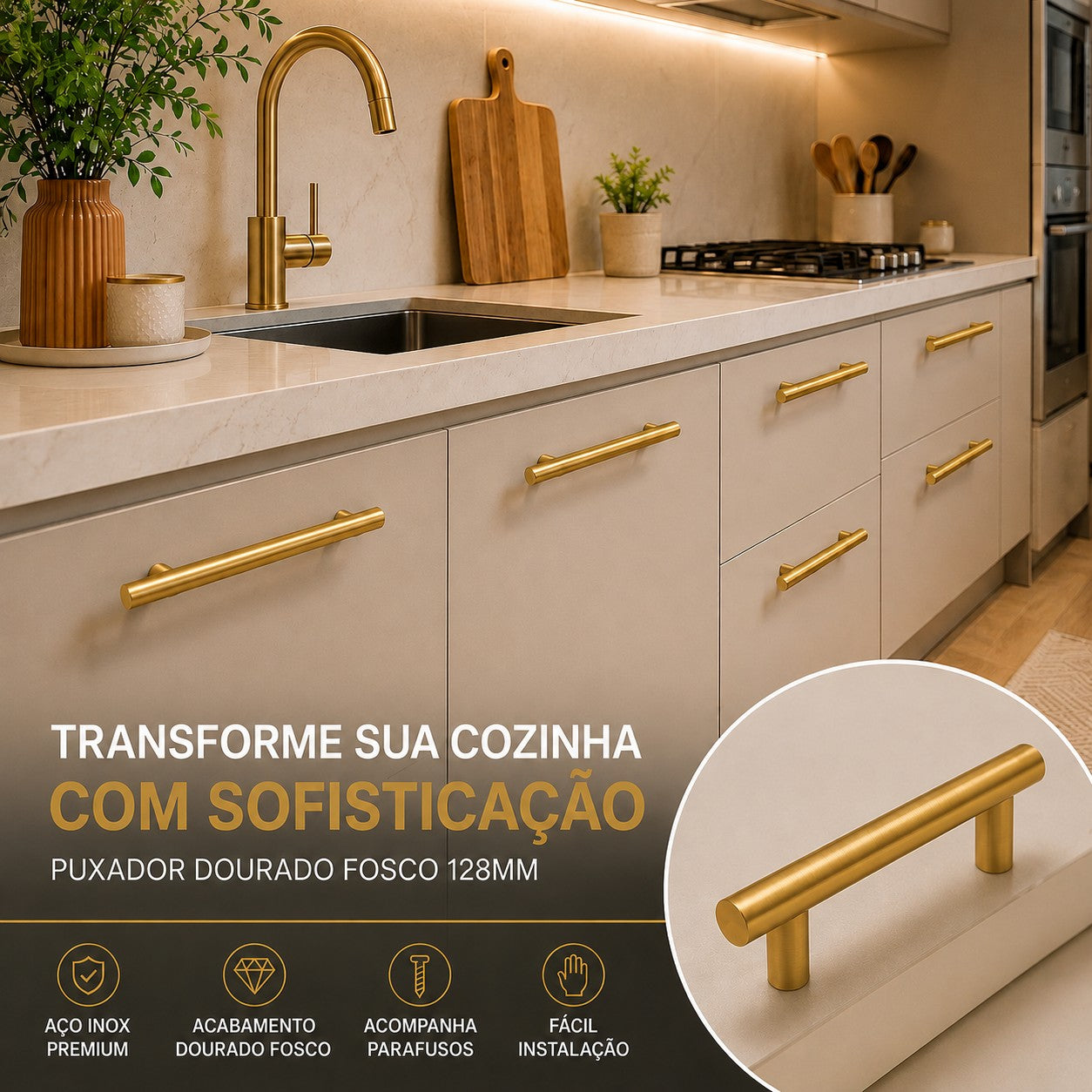 Kit Puxador Tubo Dourado 128mm Armário Gaveta Cozinha Luxo