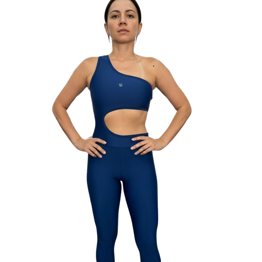 Macacão Fitness Um Ombro Suplex Alta Compressão Azul Marinho  Zero Transparência com Bojo Removível