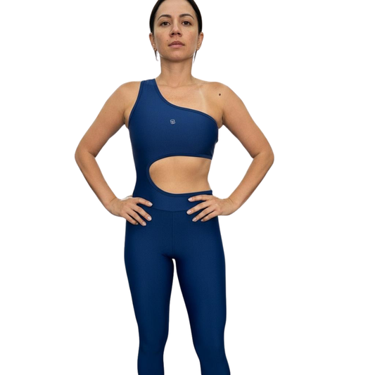 Macacão Fitness Um Ombro Suplex Alta Compressão Azul Marinho  Zero Transparência com Bojo Removível